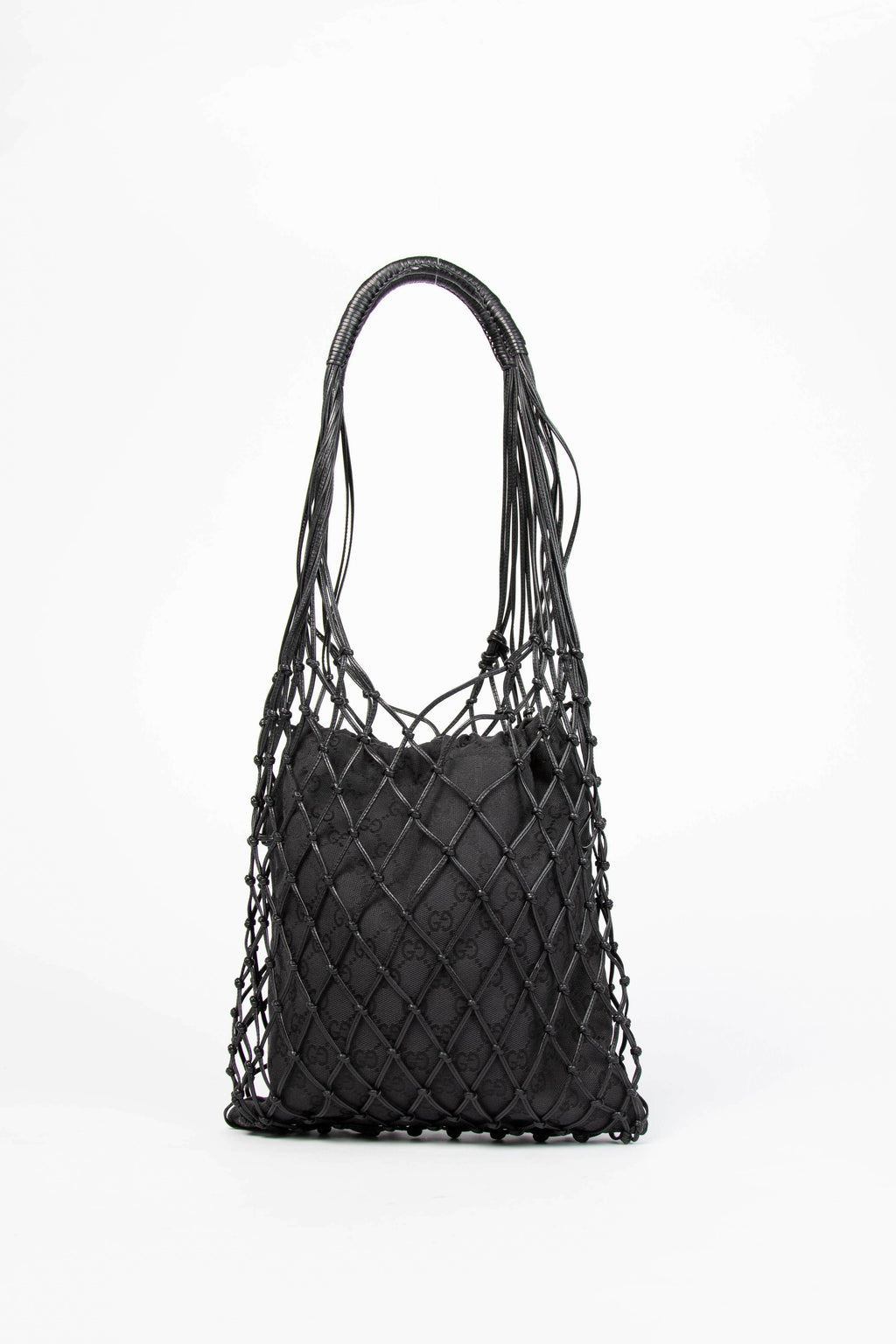 Vintage Gucci Black GG Monogram Leather Crochet Shoulder Bag