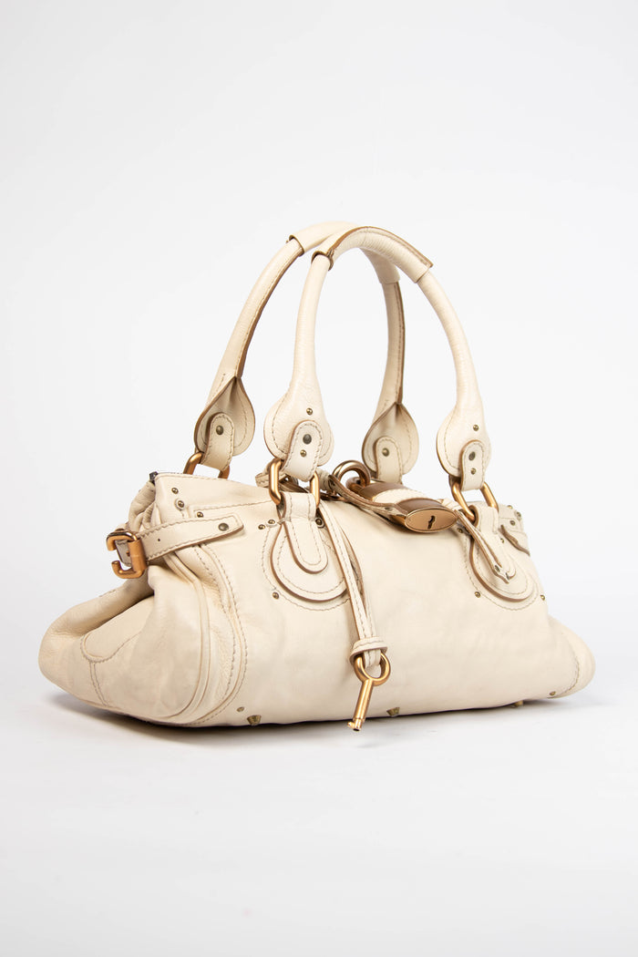 2000s Chloe Cream Leather Paddington Shoulder Bag with Brushed Gold Hardware