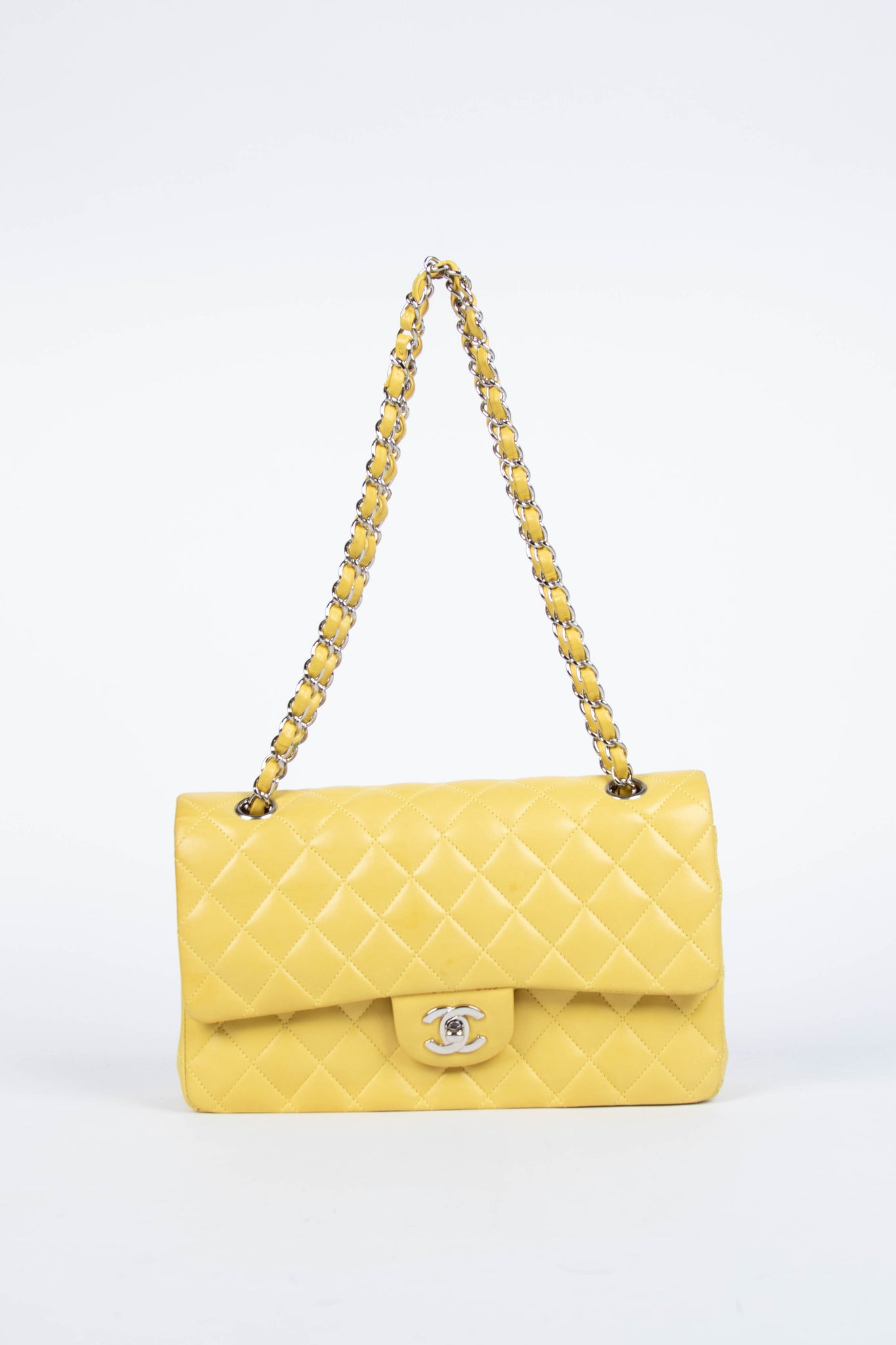 2000s Chanel Yellow Lambskin Medium Double Flap Shoulder Bag SHW