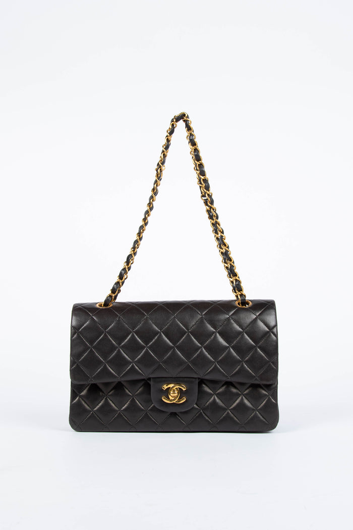 90s Chanel Espresso Black Lambskin Medium Classic Double Flap with 24K GHW
