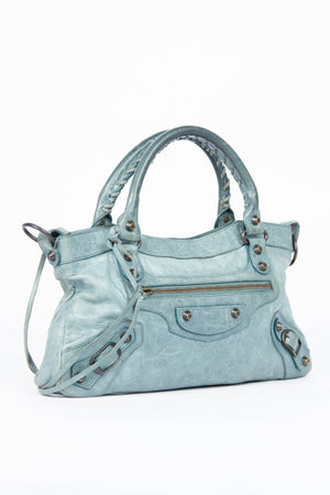 2000s Balenciaga Stone Blue Leather First City Shoulder Bag