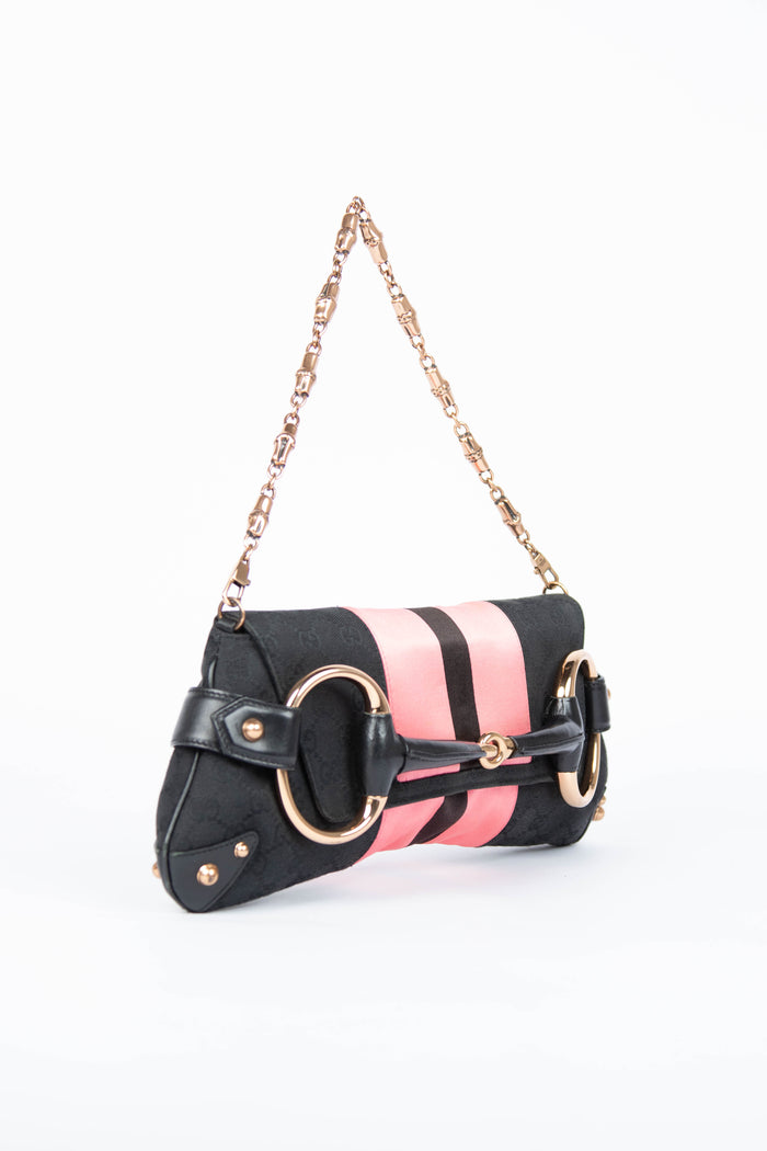 RARE Vintage Gucci GG Black Monogram Large Horsebit Shoulder Bag