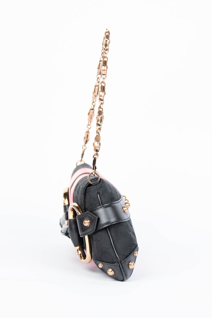 RARE Vintage Gucci GG Black Monogram Large Horsebit Shoulder Bag