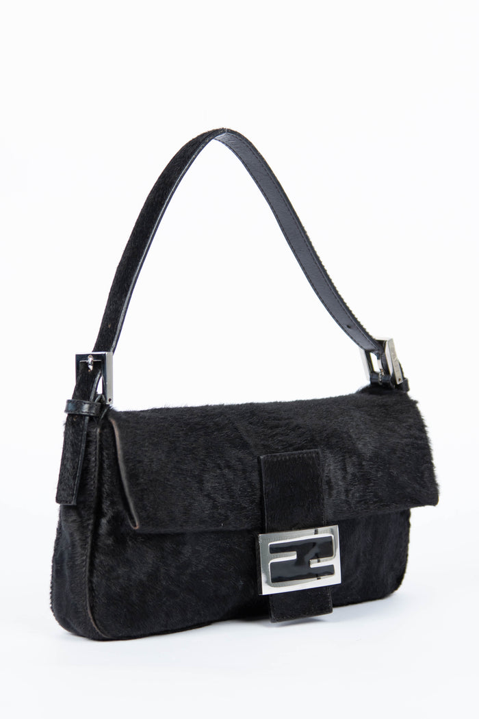 RARE Fendi Black Ponyhair Baguette Shoulder Bag