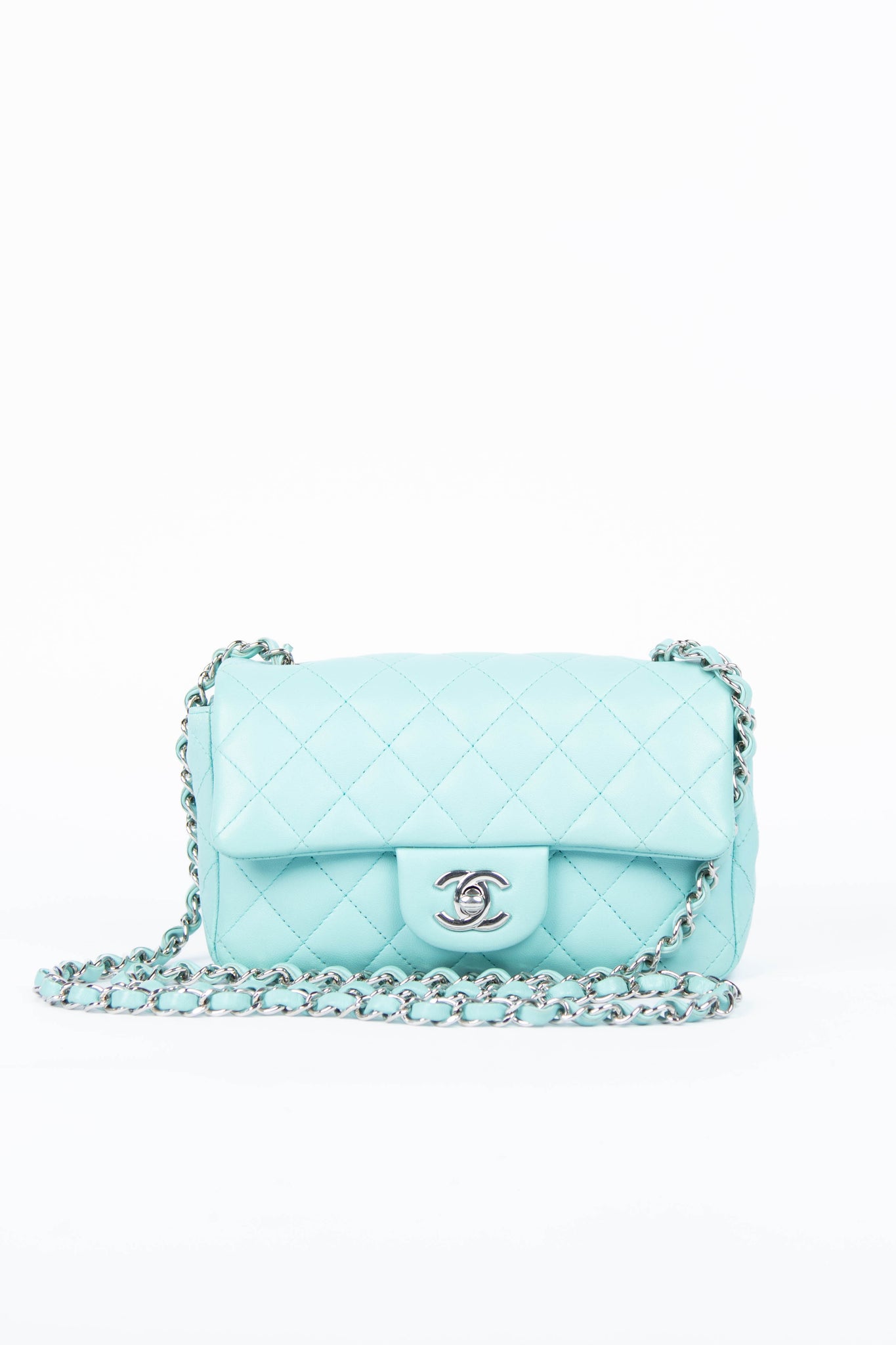 2019 Chanel Tiffany Blue Lambskin Leather Mini Rectangular Flap Bag