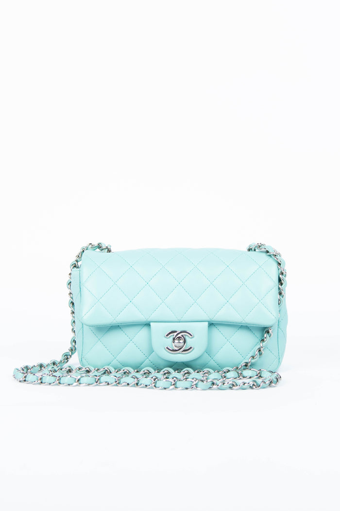 2019 Chanel Tiffany Blue Lambskin Leather Mini Rectangular Flap Bag