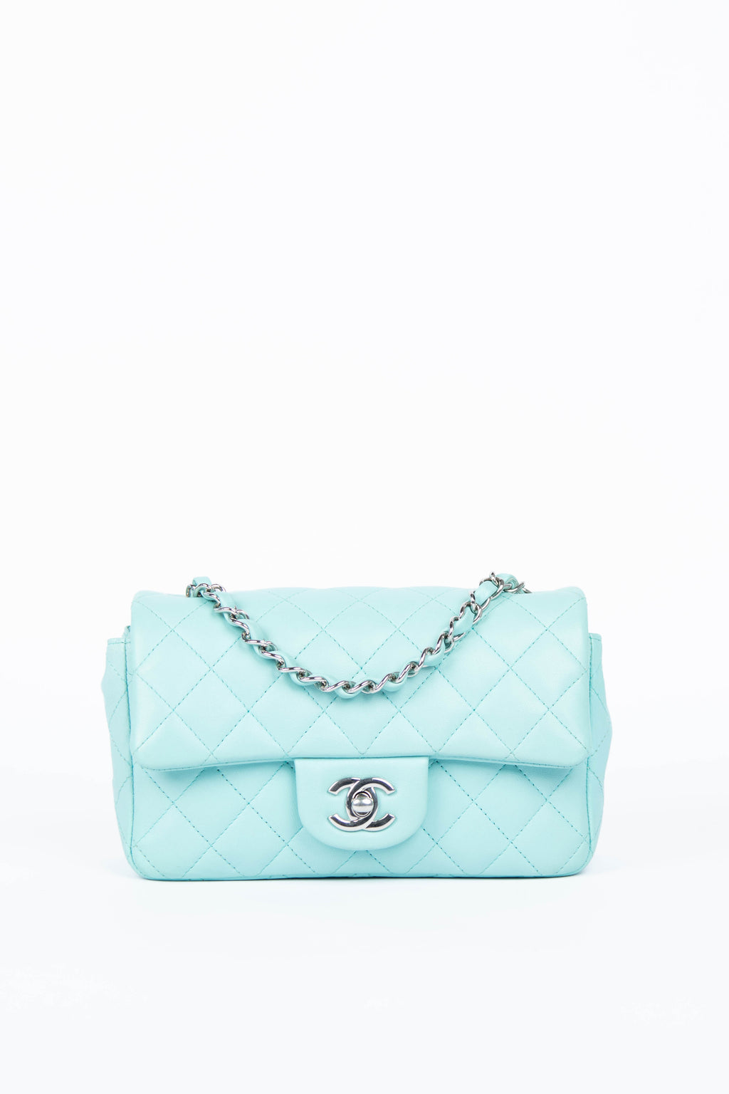2019 Chanel Tiffany Blue Lambskin Leather Mini Rectangular Flap Bag