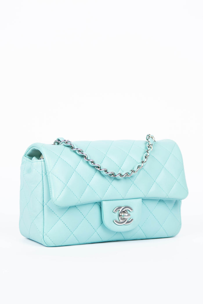 2019 Chanel Tiffany Blue Lambskin Leather Mini Rectangular Flap Bag