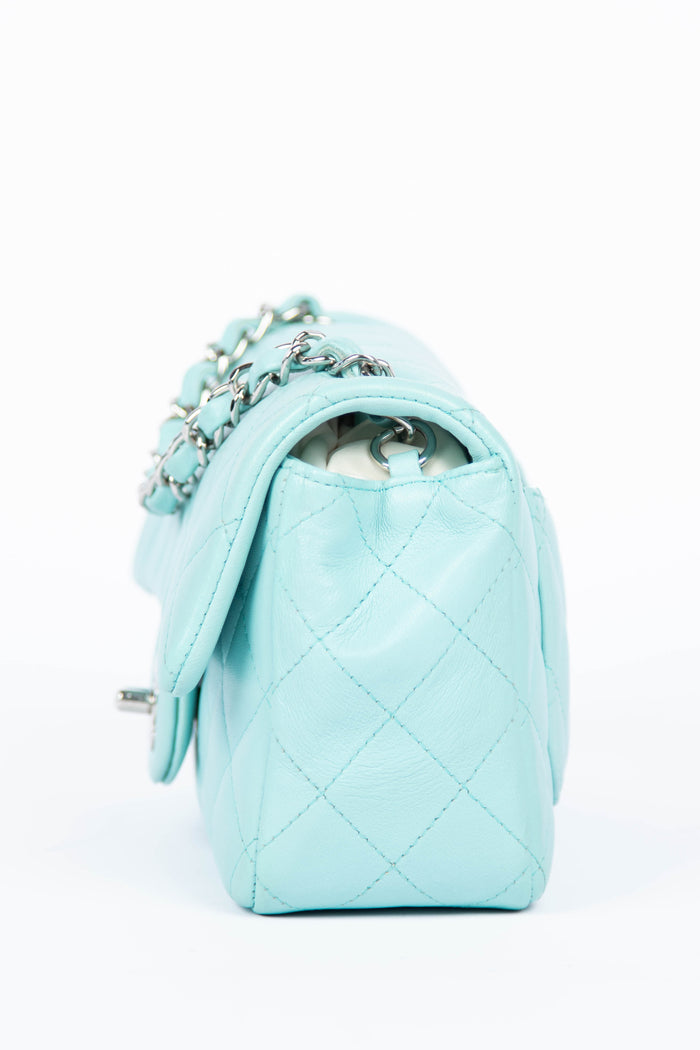2019 Chanel Tiffany Blue Lambskin Leather Mini Rectangular Flap Bag