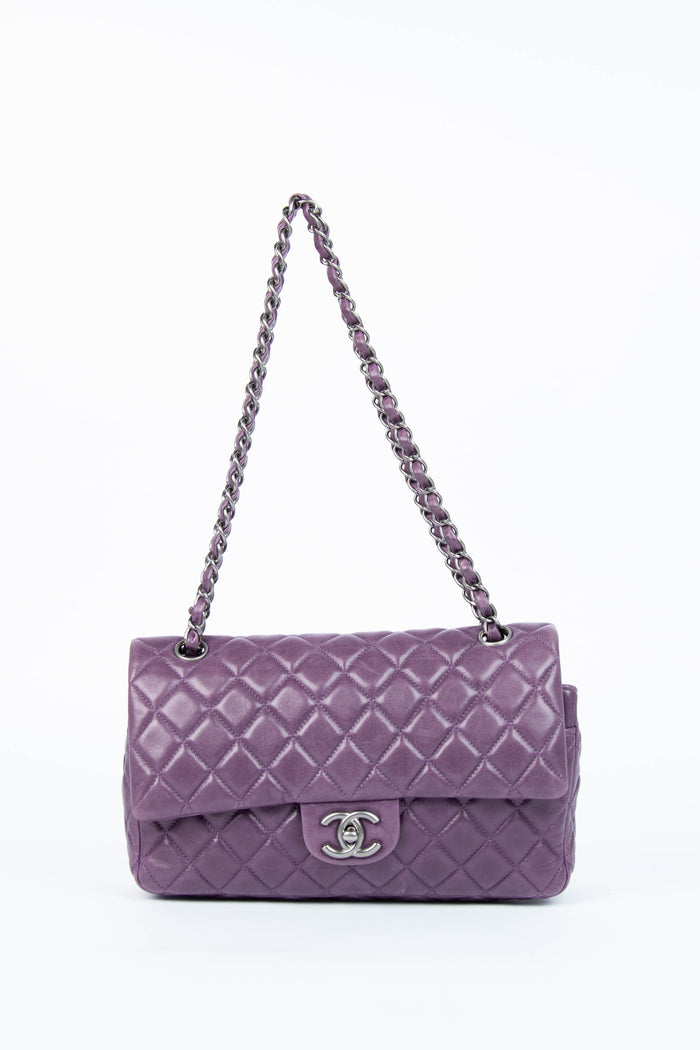 2000s Chanel Purple Lambskin Double Flap Shoulder Bag SHW