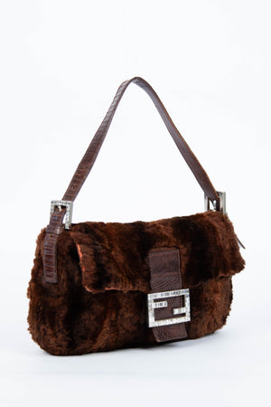 Vintage Fendi Brown Fur Crystal Baguette Shoulder Bag