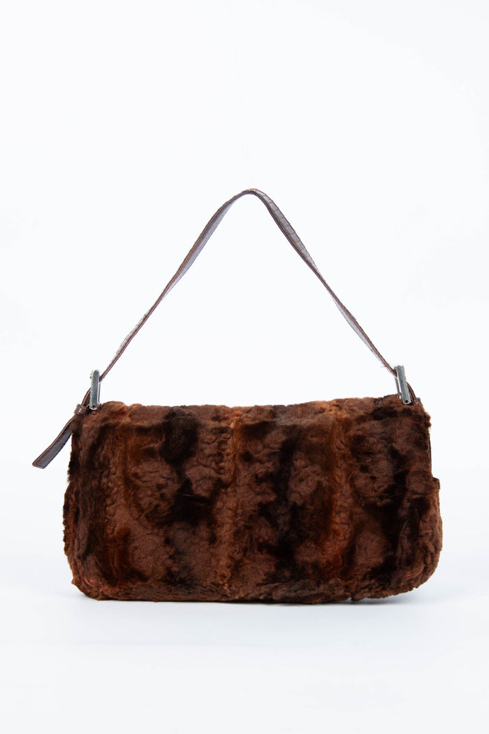 Vintage Fendi Brown Fur Crystal Baguette Shoulder Bag