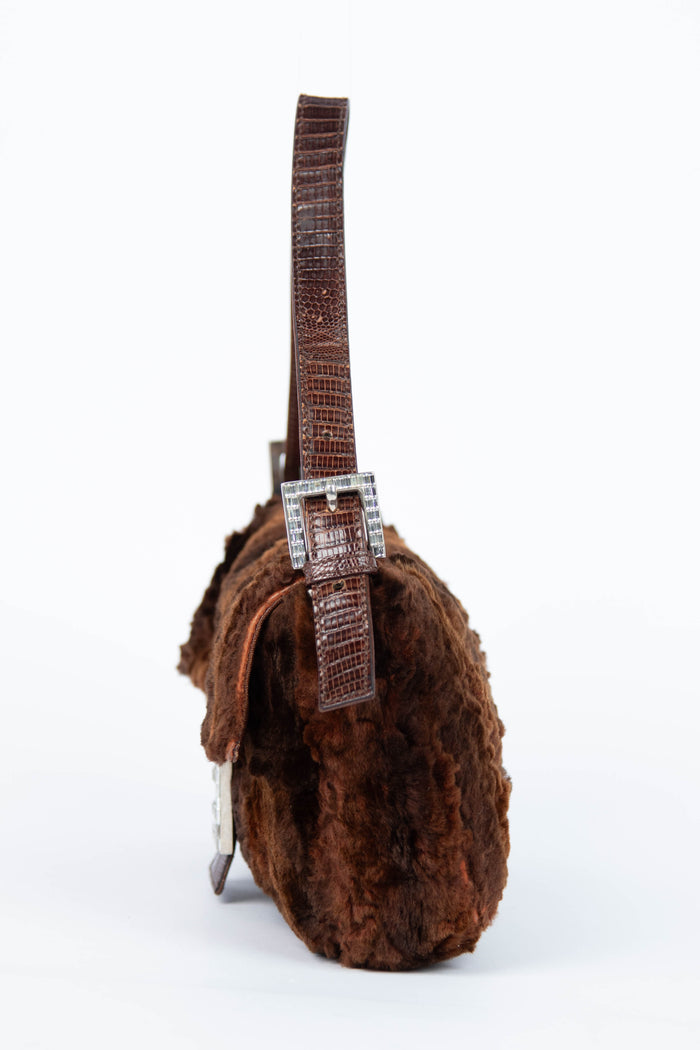 Vintage Fendi Brown Fur Crystal Baguette Shoulder Bag