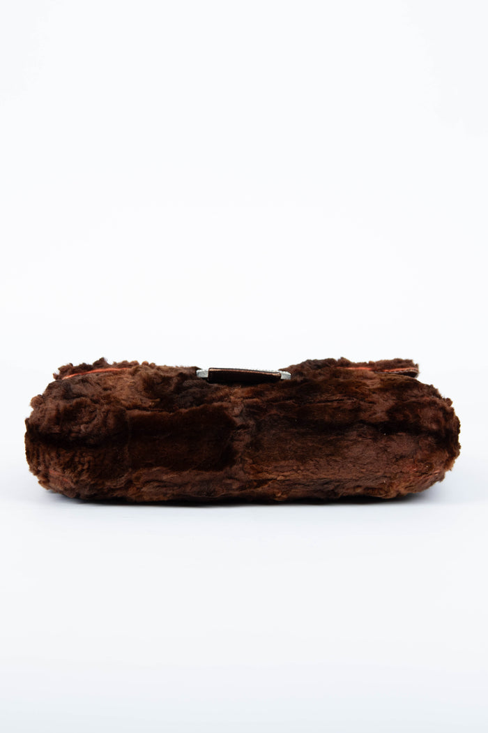 Vintage Fendi Brown Fur Crystal Baguette Shoulder Bag