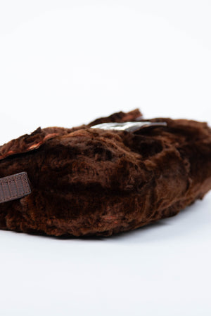 Vintage Fendi Brown Fur Crystal Baguette Shoulder Bag