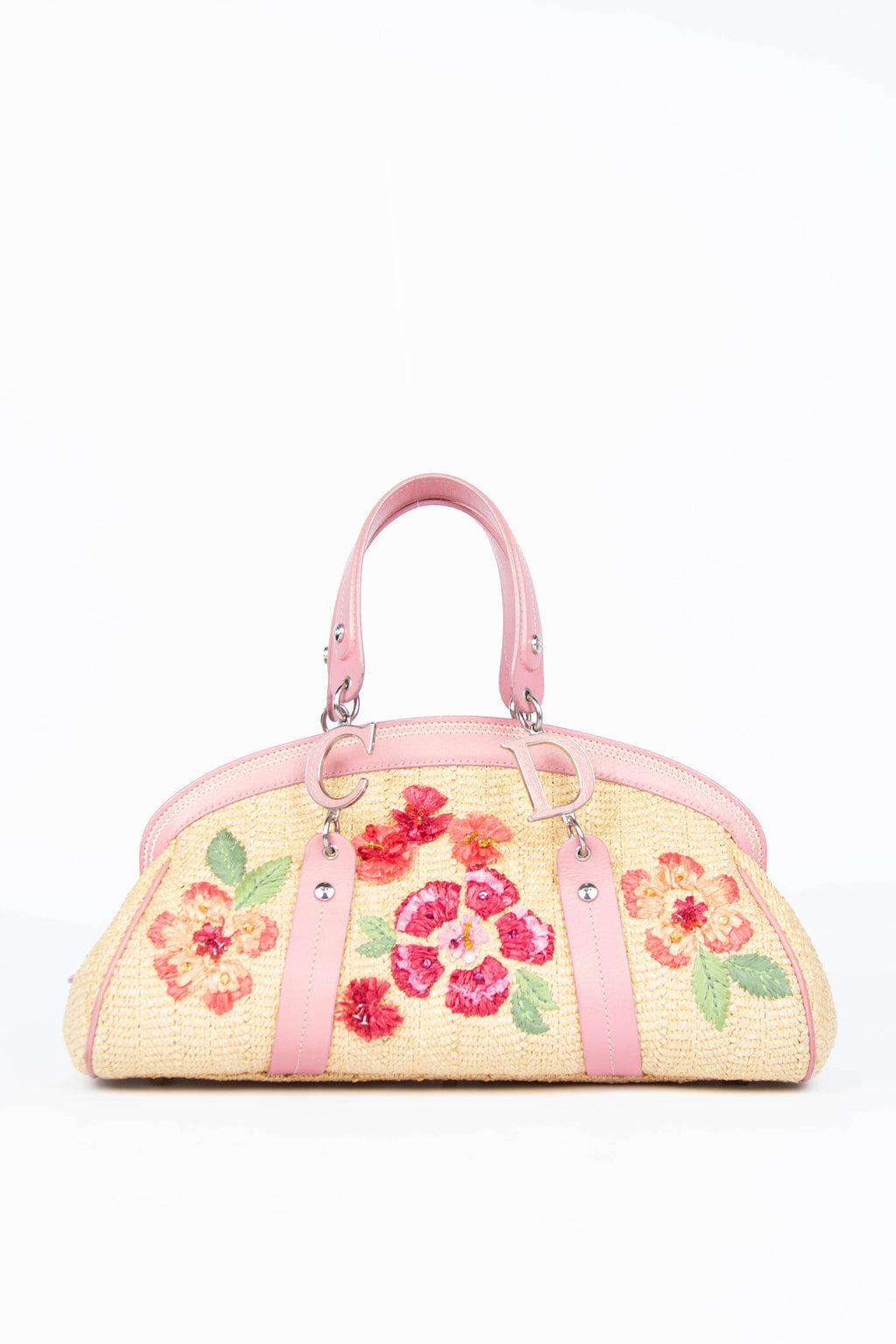 2000s Christian Dior Wicker Frame Floral Top Handle Bag