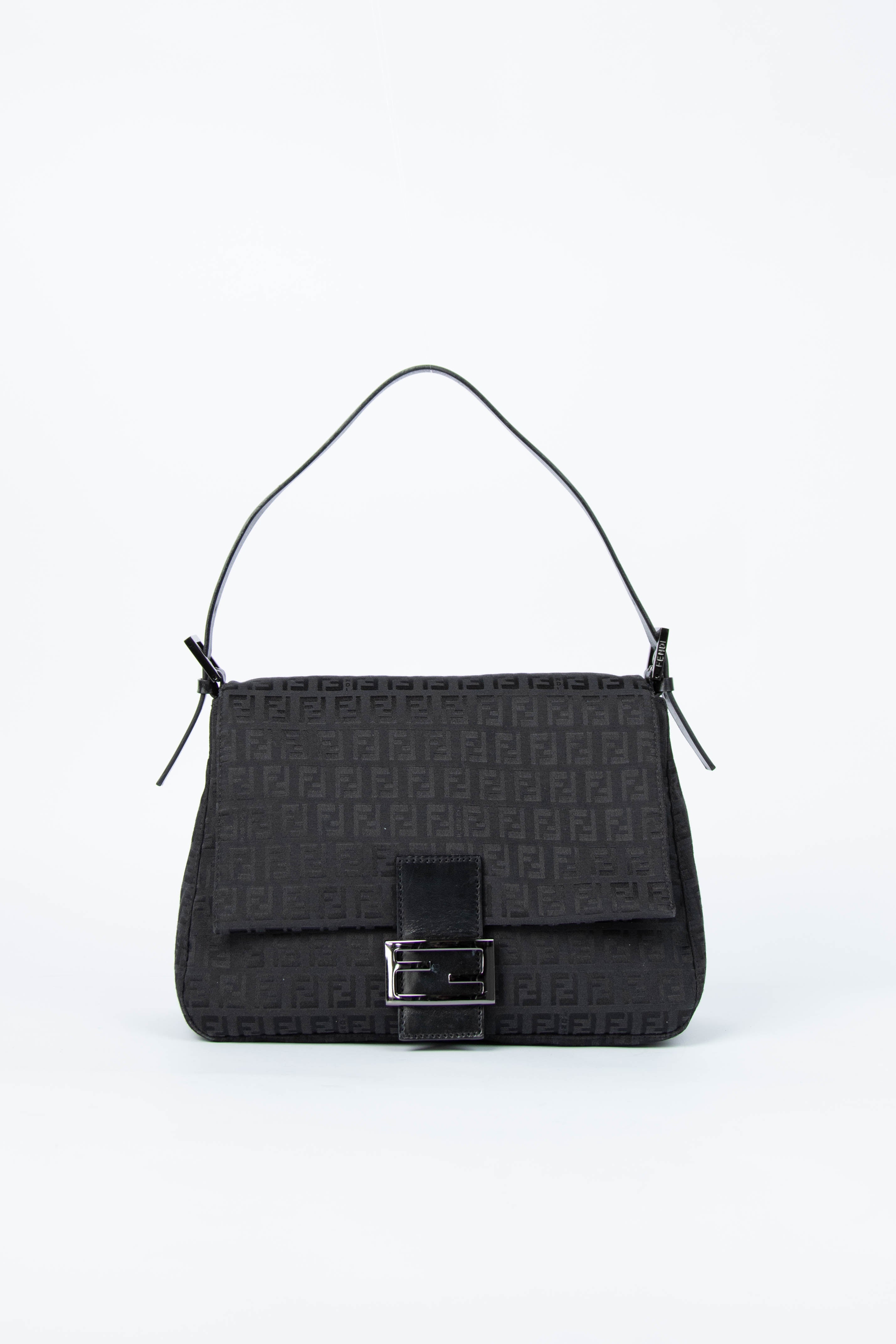 Vintage Fendi Black Zucchino Mamma Baguette Shoulder Bag
