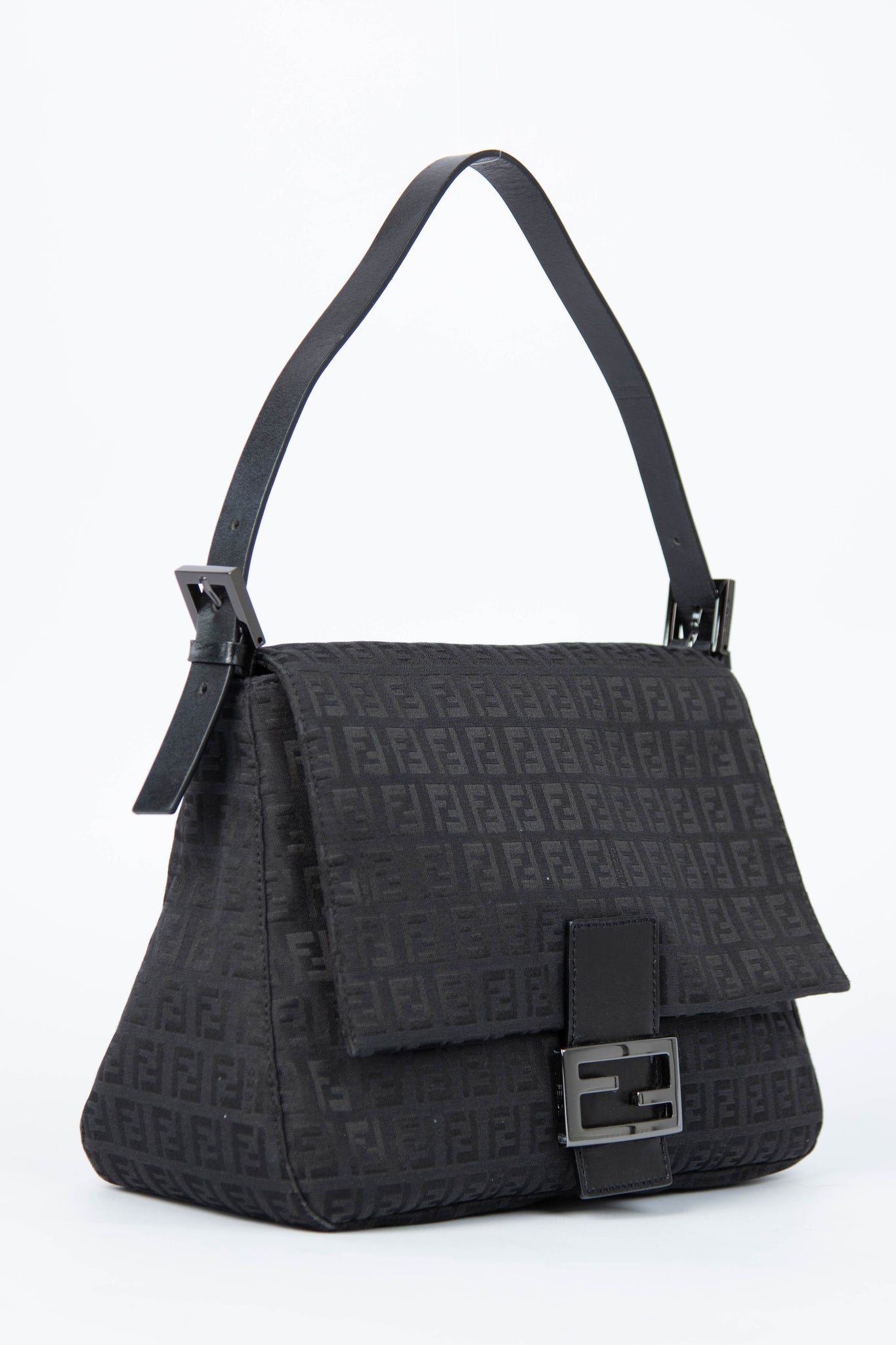 Vintage Fendi Black Zucchino Mamma Baguette Shoulder Bag