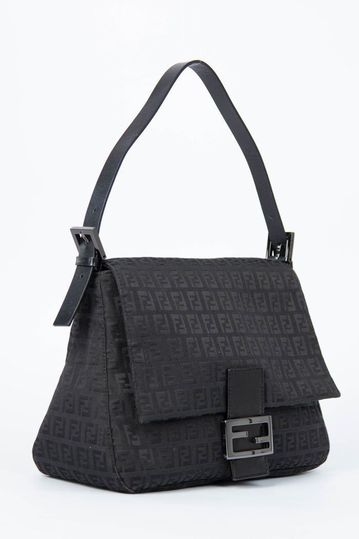 Vintage Fendi Black Zucchino Mamma Baguette Shoulder Bag