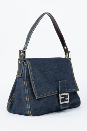 Vintage Fendi Denim Mamma Baguette Shoulder Bag