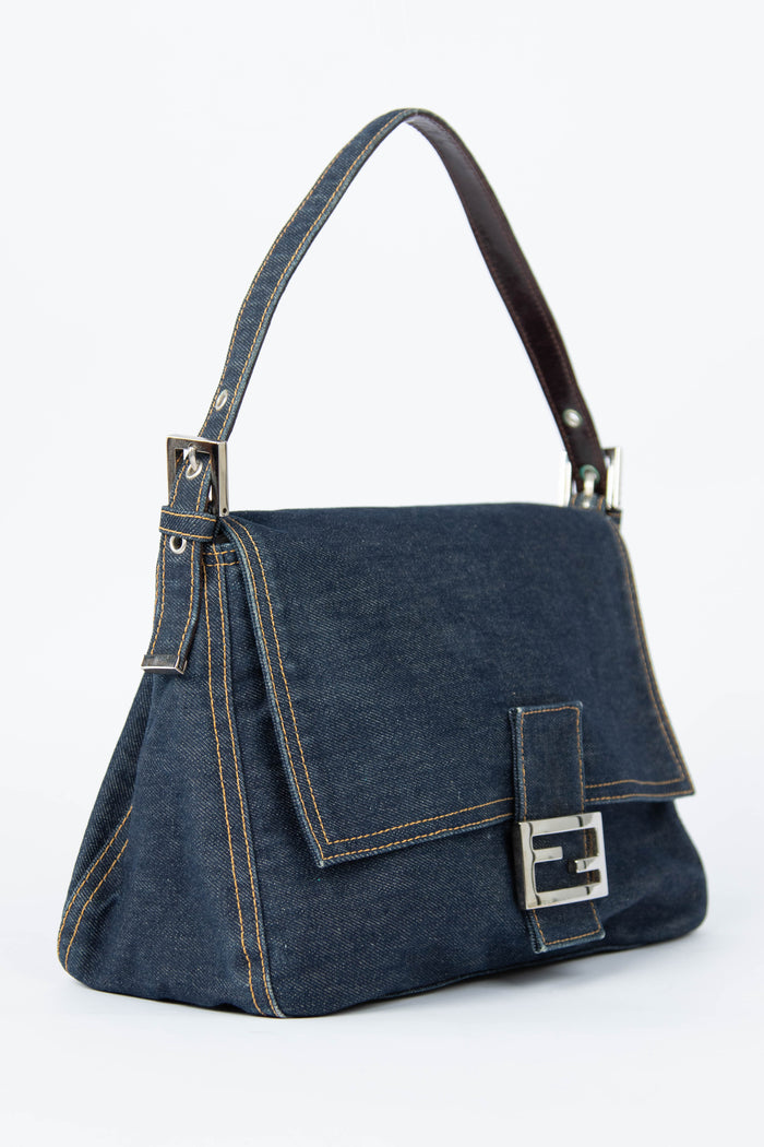 Vintage Fendi Denim Mamma Baguette Shoulder Bag