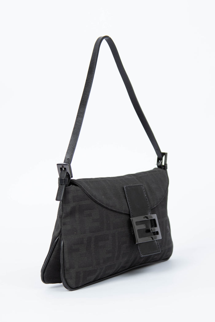 Vintage Fendi Black Zucca Baguette Shoulder Bag