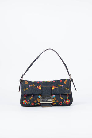 RARE Vintage Fendi Denim Beaded Baguette Shoulder Bag