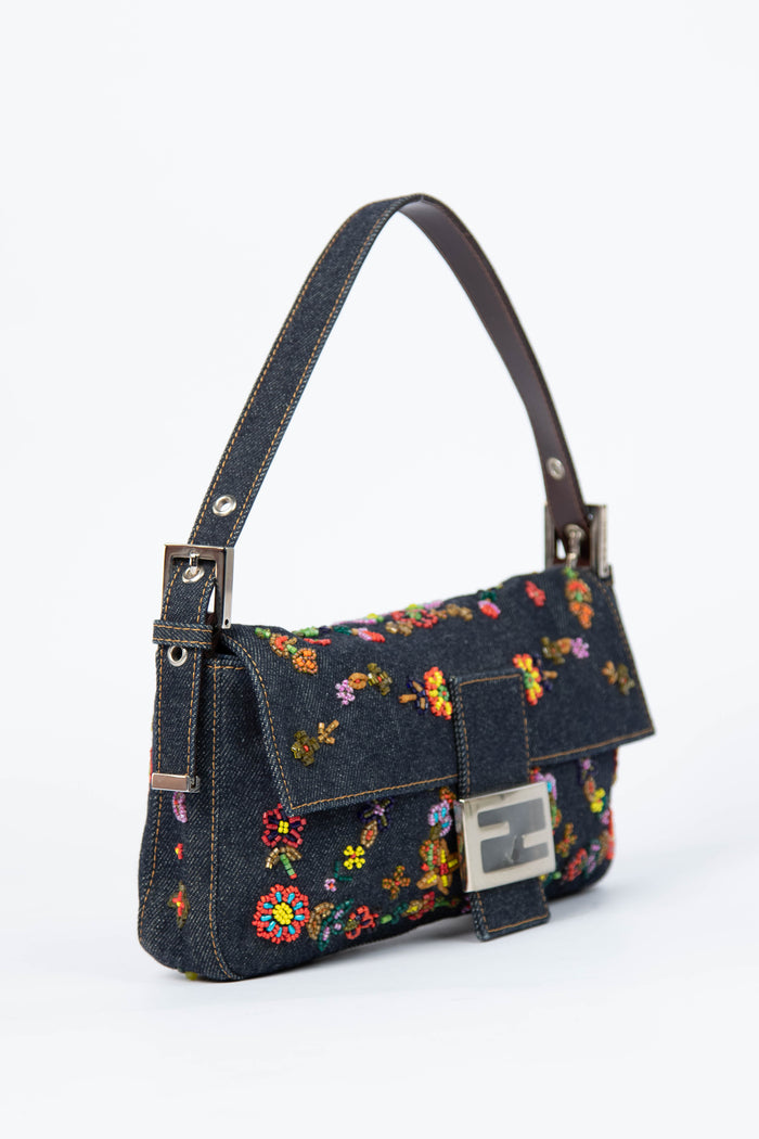 RARE Vintage Fendi Denim Beaded Baguette Shoulder Bag