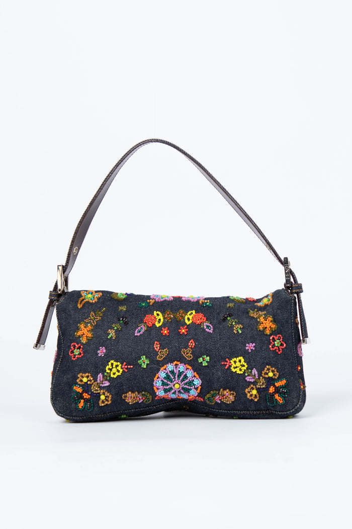 RARE Vintage Fendi Denim Beaded Baguette Shoulder Bag