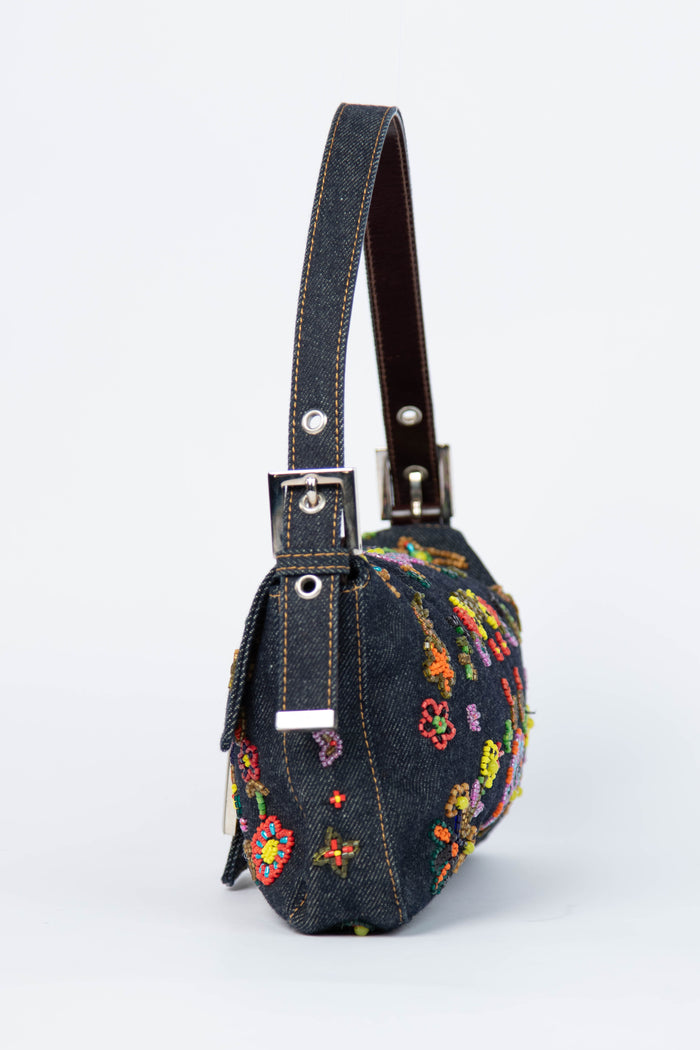 RARE Vintage Fendi Denim Beaded Baguette Shoulder Bag