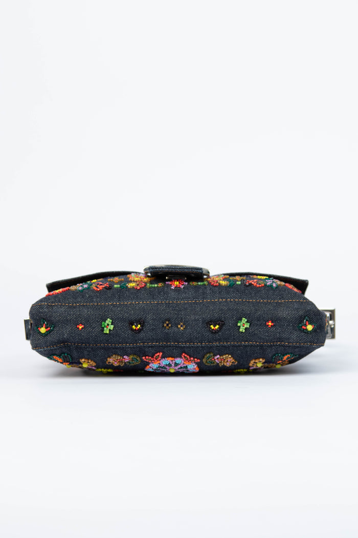 RARE Vintage Fendi Denim Beaded Baguette Shoulder Bag