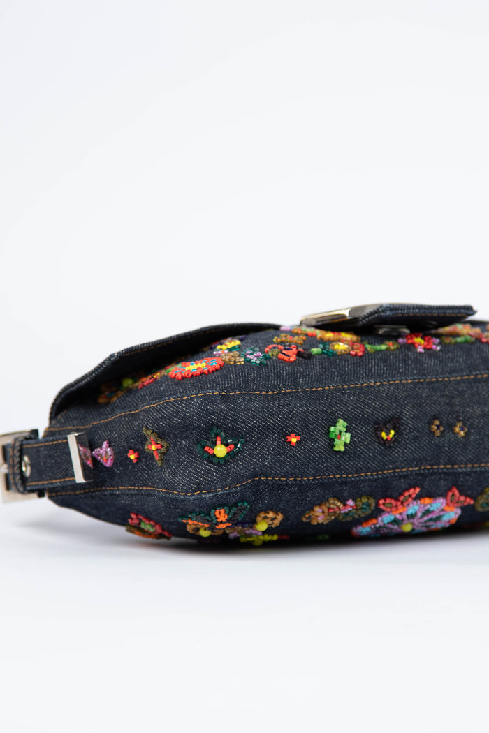 RARE Vintage Fendi Denim Beaded Baguette Shoulder Bag