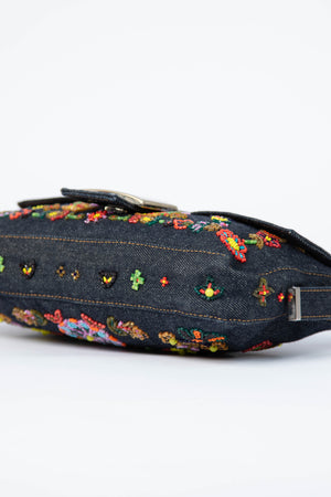 RARE Vintage Fendi Denim Beaded Baguette Shoulder Bag