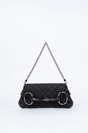 RARE Vintage Gucci Black GG Monogram Horsebit Shoulder Bag
