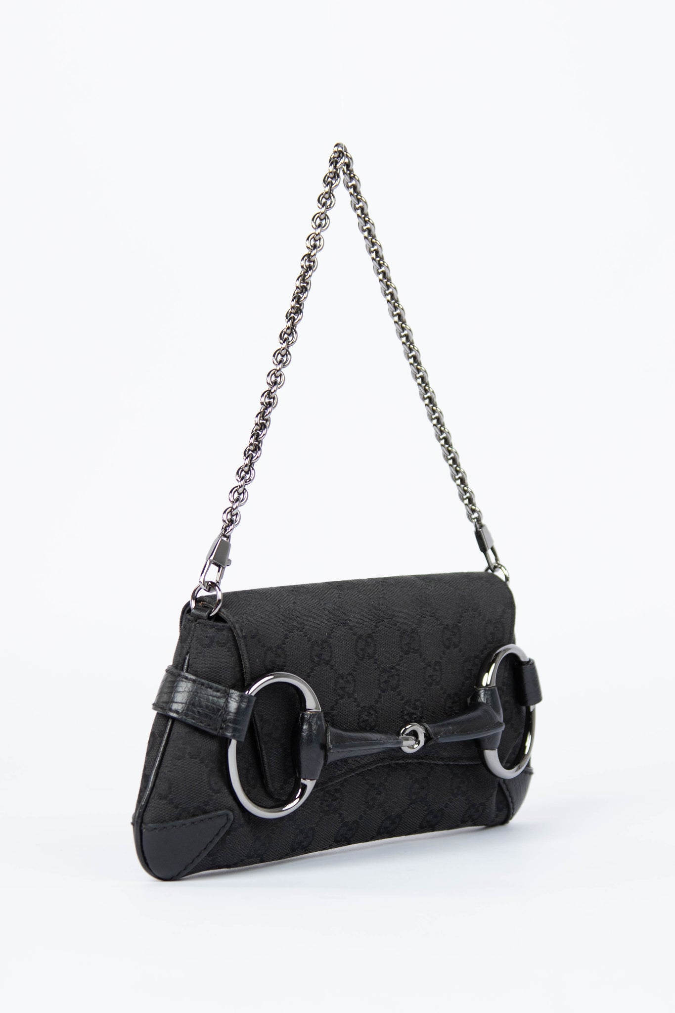 RARE Vintage Gucci Black GG Monogram Horsebit Shoulder Bag