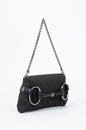RARE Vintage Gucci Black GG Monogram Horsebit Shoulder Bag