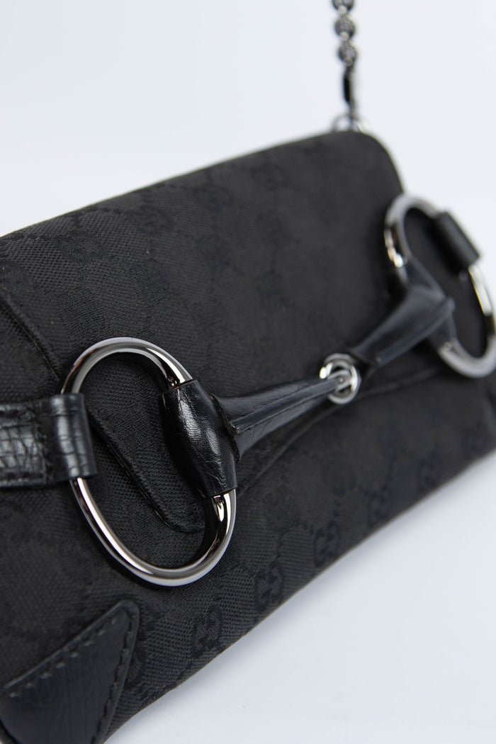 RARE Vintage Gucci Black GG Monogram Horsebit Shoulder Bag