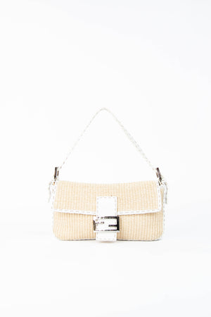 Vintage Fendi White Leather & Raffia Selleria Baguette Shoulder Bag