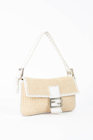 Vintage Fendi White Leather & Raffia Selleria Baguette Shoulder Bag