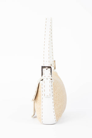 Vintage Fendi White Leather & Raffia Selleria Baguette Shoulder Bag