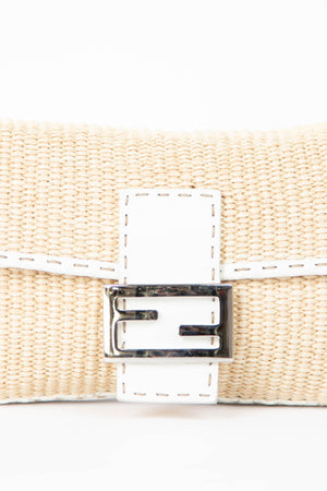 Vintage Fendi White Leather & Raffia Selleria Baguette Shoulder Bag