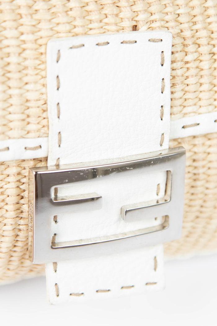 Vintage Fendi White Leather & Raffia Selleria Baguette Shoulder Bag