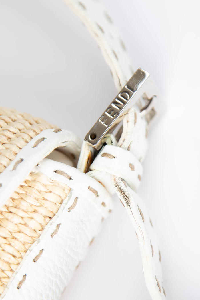 Vintage Fendi White Leather & Raffia Selleria Baguette Shoulder Bag