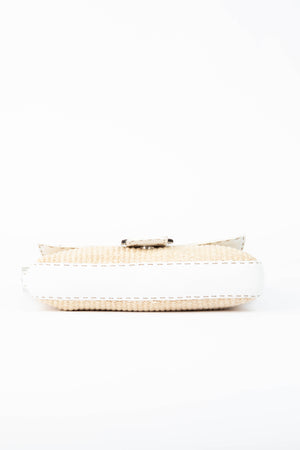 Vintage Fendi White Leather & Raffia Selleria Baguette Shoulder Bag