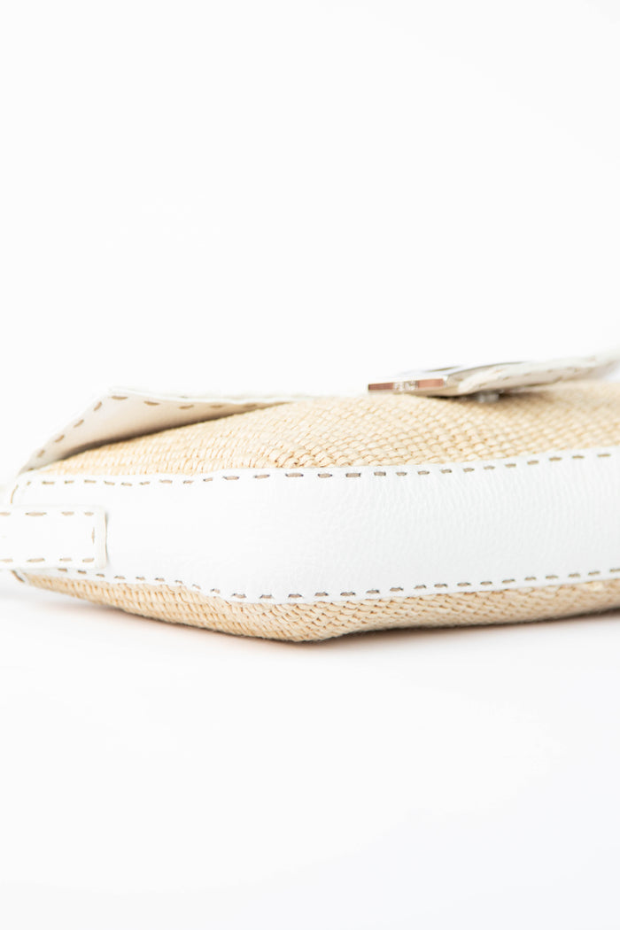 Vintage Fendi White Leather & Raffia Selleria Baguette Shoulder Bag