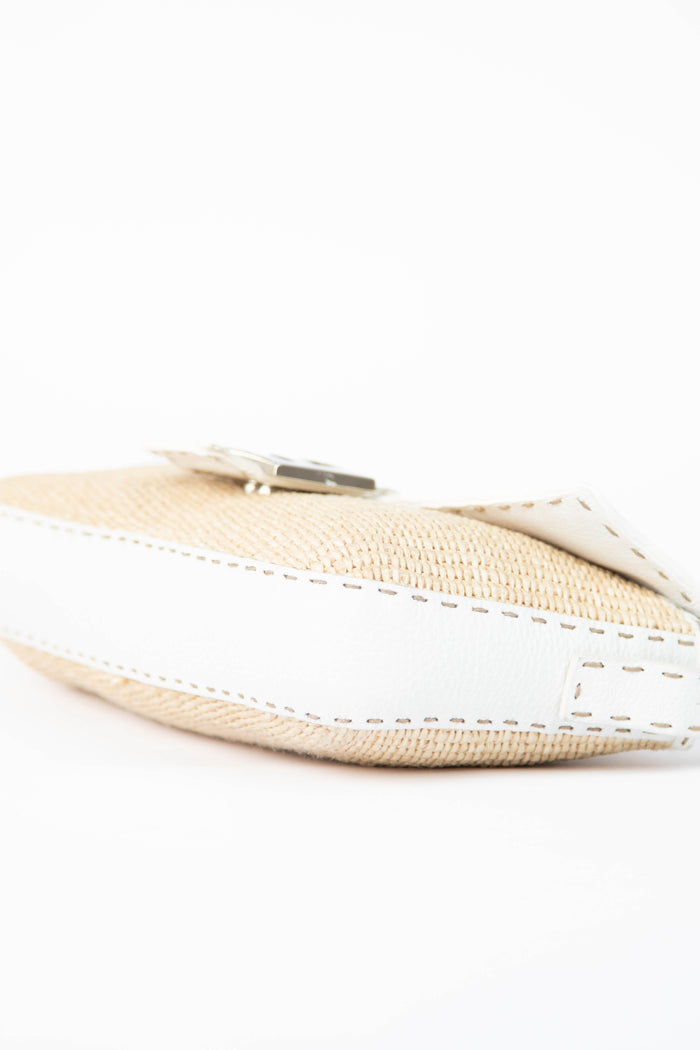 Vintage Fendi White Leather & Raffia Selleria Baguette Shoulder Bag