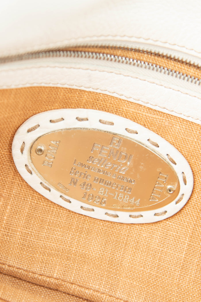 Vintage Fendi White Leather & Raffia Selleria Baguette Shoulder Bag