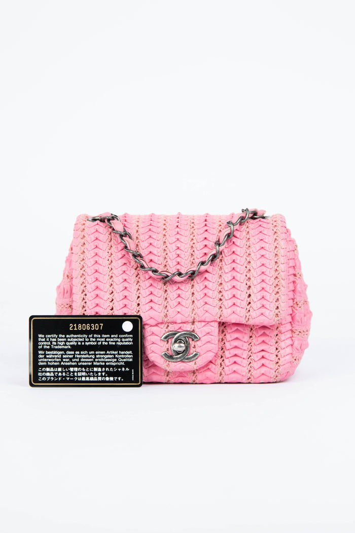 2015 Chanel Pink Lambskin Paris Seoul Crochet Mini Square Flap Bag