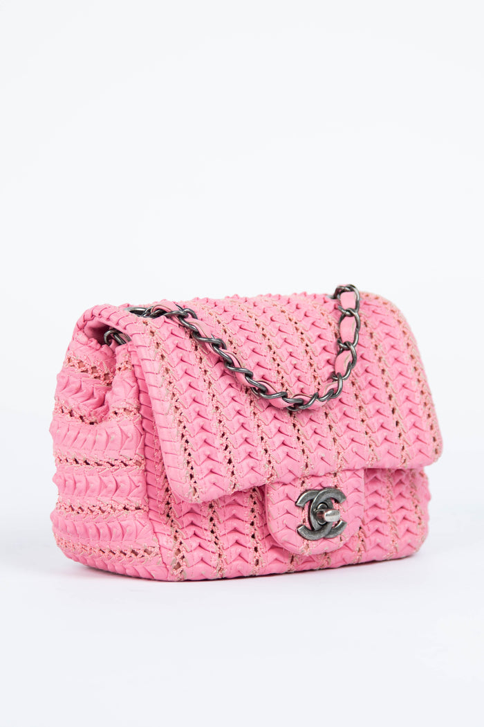 2015 Chanel Pink Lambskin Paris Seoul Crochet Mini Square Flap Bag