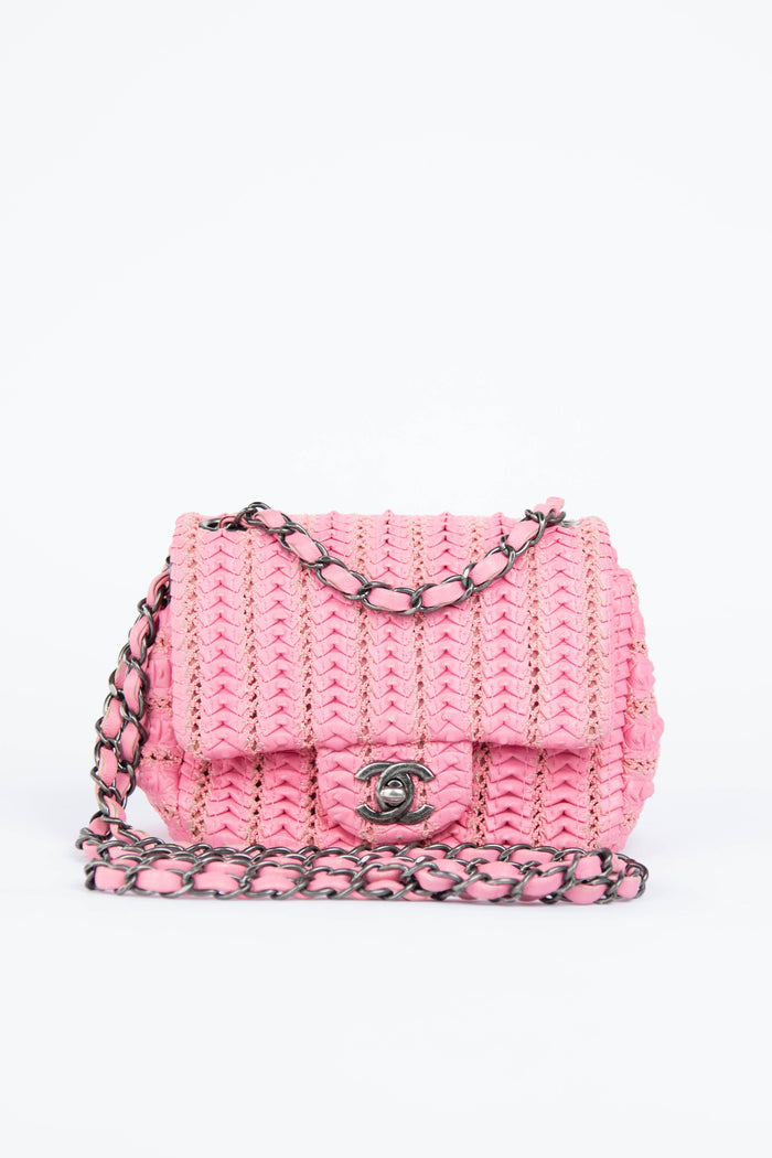 2015 Chanel Pink Lambskin Paris Seoul Crochet Mini Square Flap Bag